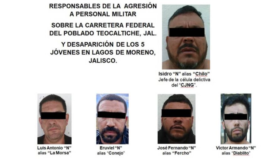 Detienen a cinco presuntos miembros del CJNG  relacionados con la desaparición de jóvenes en Lagos de Moreno