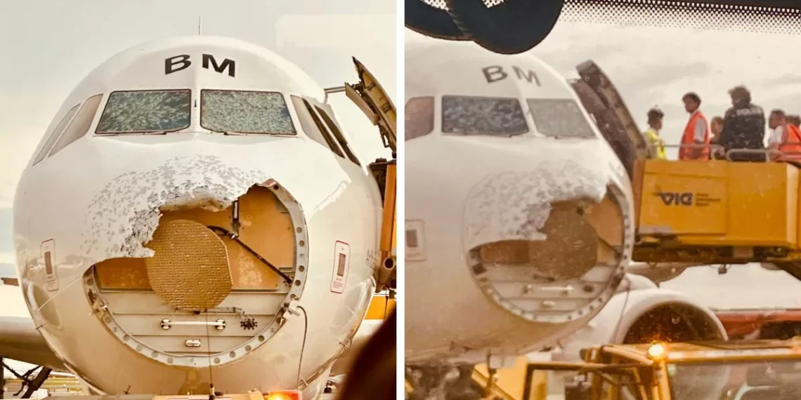 Tormenta de granizo daña el morro de un avión Airbus A320 de Austrian Airlines