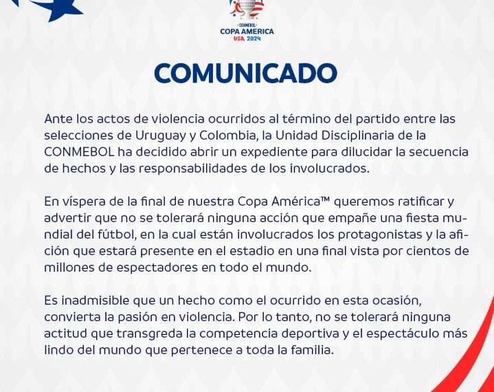 CONMEBOL condena enérgicamente la violencia tras la semifinal entre Uruguay y Colombia