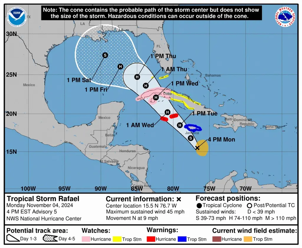 La tormenta tropical Rafael se acerca a las Islas Caimán y Cuba.