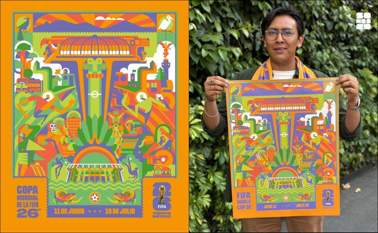 El póster de la CDMX para la Copa del Mundo 2026 fue revelado. Diseñado por Cuemanche, incluye símbolos como ajolotes y luchadores.
